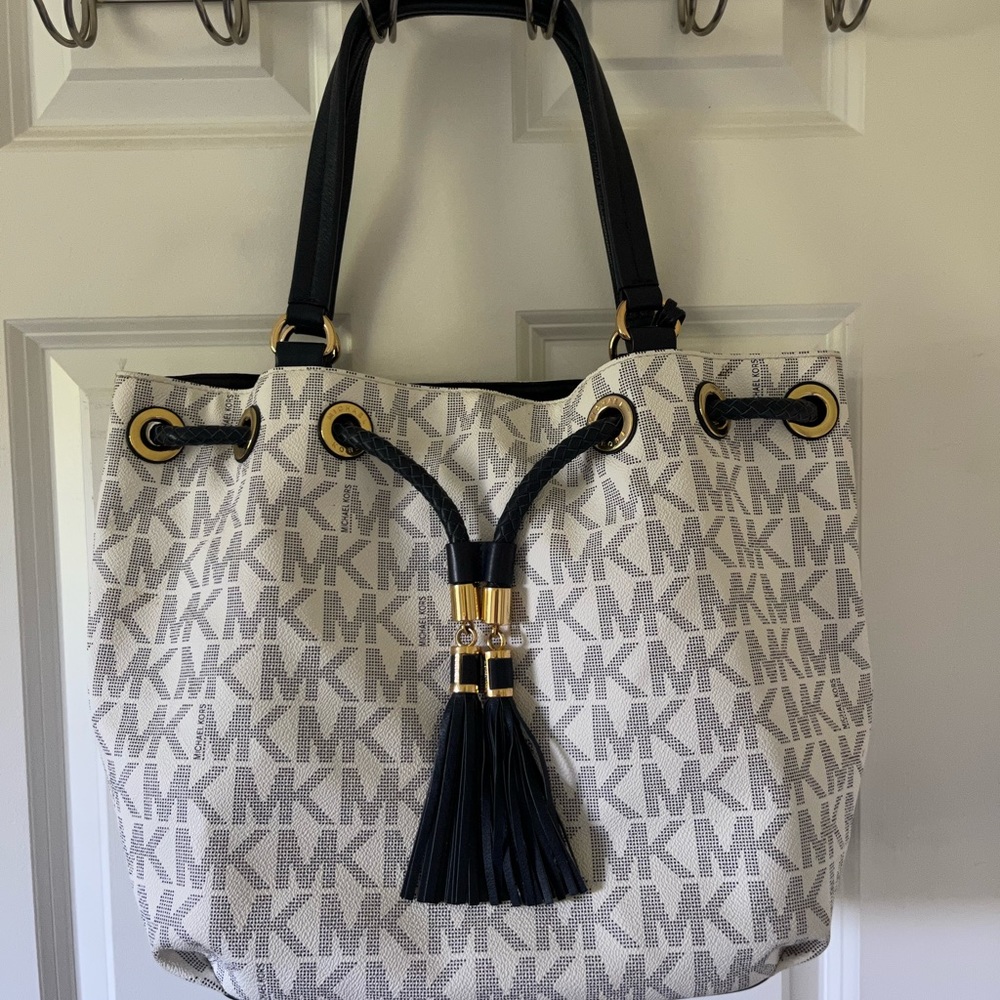 Michael Kors Navy Blue/White Signature Coated Canvas & Leather Gathered Tote